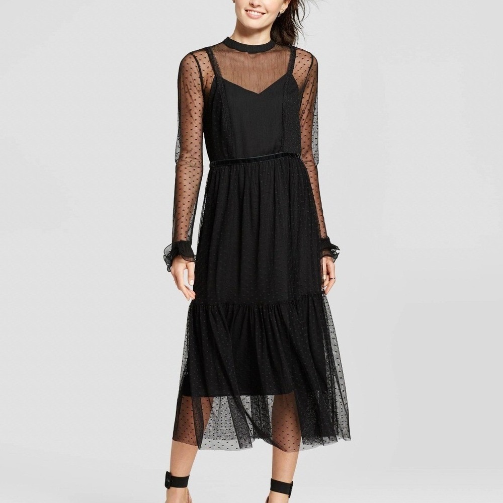 Black Swiss Dot Mesh Mock Neck Midi Dress Goth Witchy Victorian Womens Medium